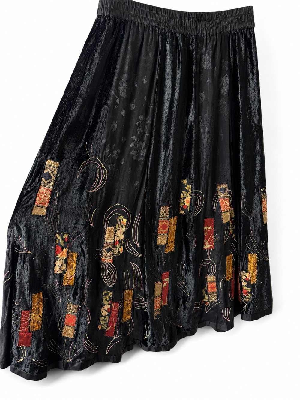 Dark Academia Black Velvet Burnout Patchwork Maxi Skirt Boho Whimsigoth Artsy, S - Picture 7 of 16